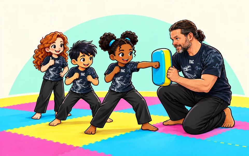 Illustration of children practising pad training with a coach